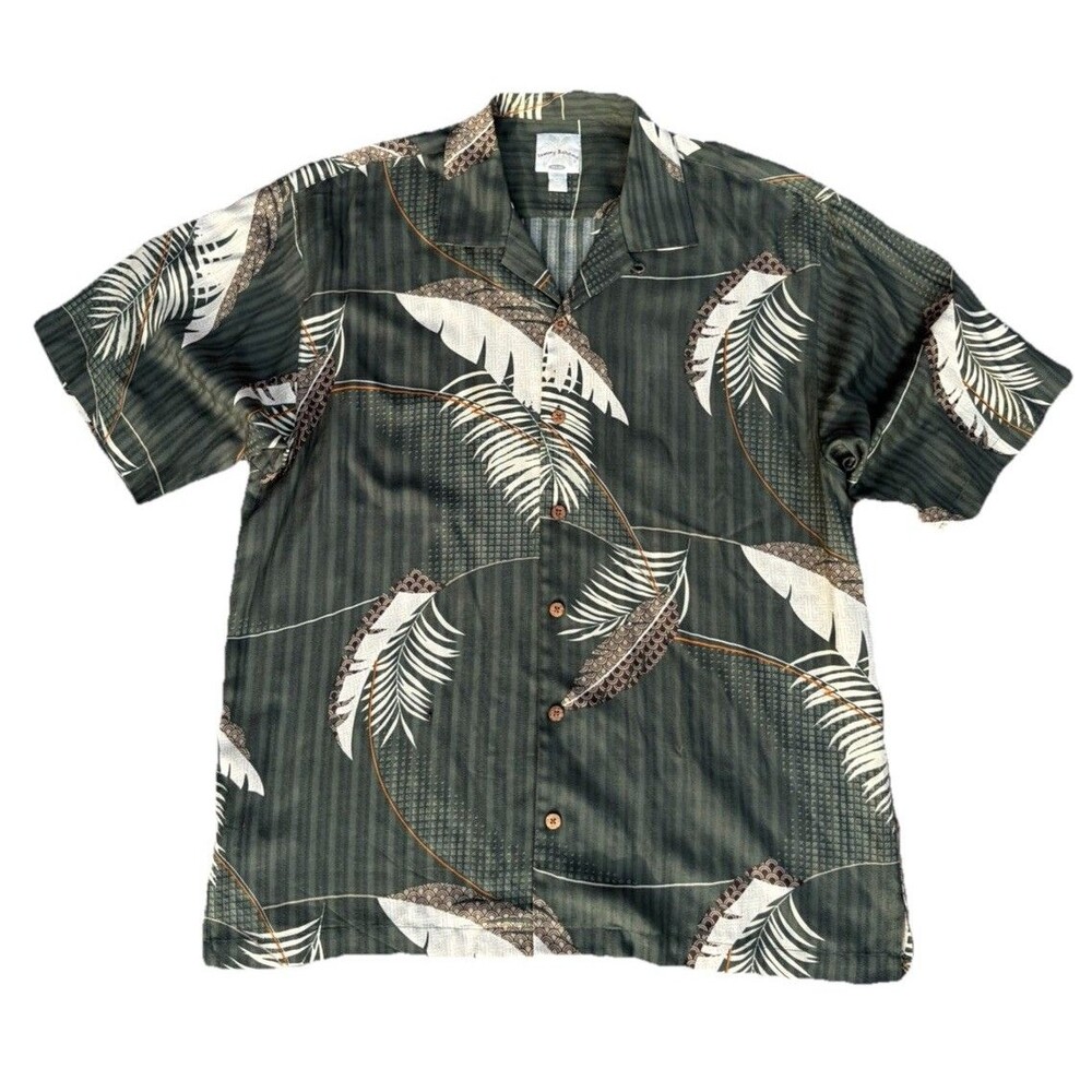 Tommy Bahama Silk Polo Button-Front Striped Floral Print Camp Loop Collar Large